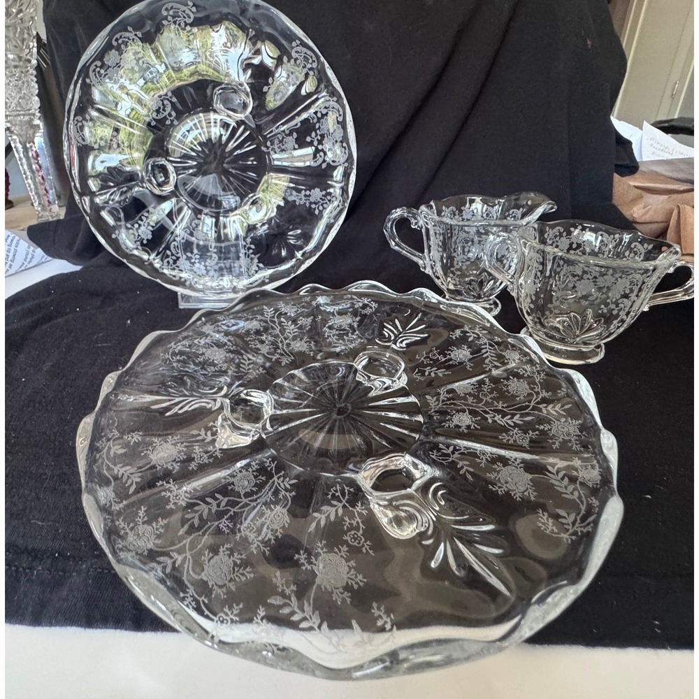 Clear Etched Glass Set 2 Footed Plates Creamer‎ Sugar Bowl Vintage